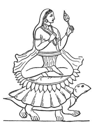 Indian Goddess Lakshmi, sitting in a Lotus-flower, borne by a Tortoise